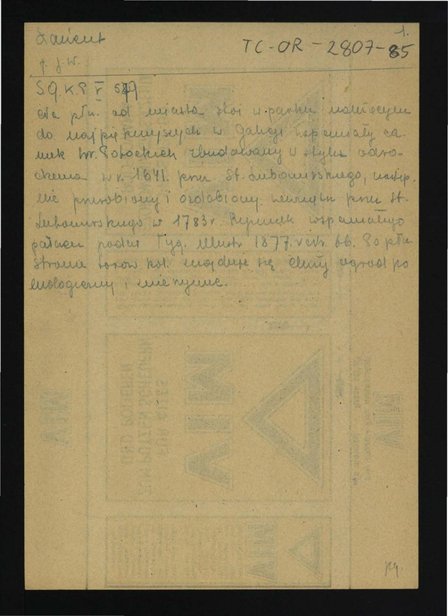 wypis z Słownik Geograficzny Królestwa Polskiego t. V, s. 579 dotyczący usytuowania parku oraz miejscowego zamku , skan 1