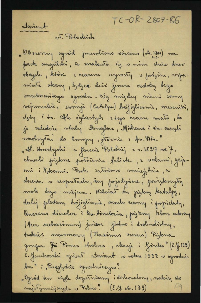 wypis z Jankowski E., Dzieje ogrodnictwa polskiego w zarysie, Warszawa 1923, s. 129 dotyczący miejscowego parku i zamku , skan 1