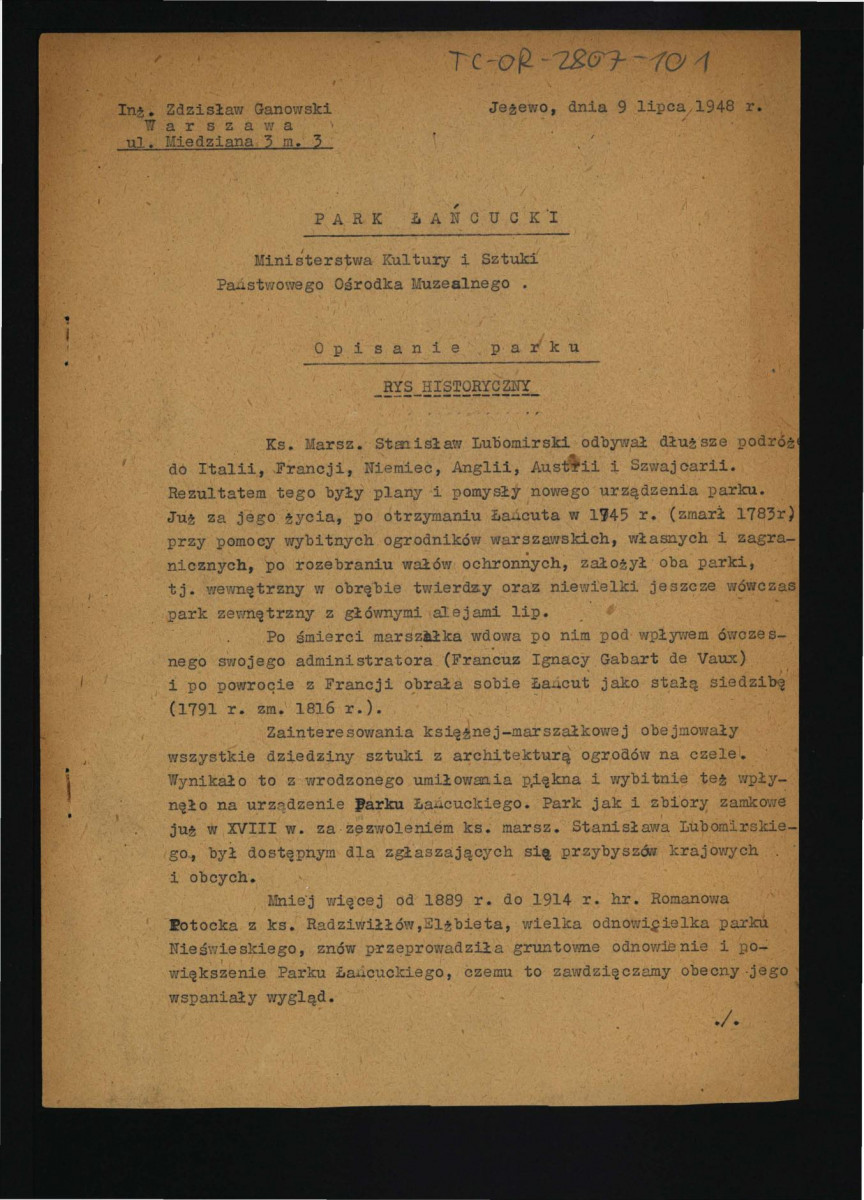 opis miejscowego parku sporządzony przez inż. Zdzisława Ganowskiego 9 lipca 1948 r. zawierający rys historyczny oraz uwagi techniczne; sześć kart , skan 1