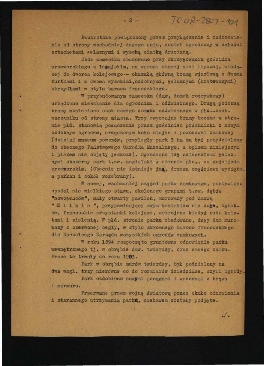 opis miejscowego parku sporządzony przez inż. Zdzisława Ganowskiego 9 lipca 1948 r. zawierający rys historyczny oraz uwagi techniczne; sześć kart , skan 2
