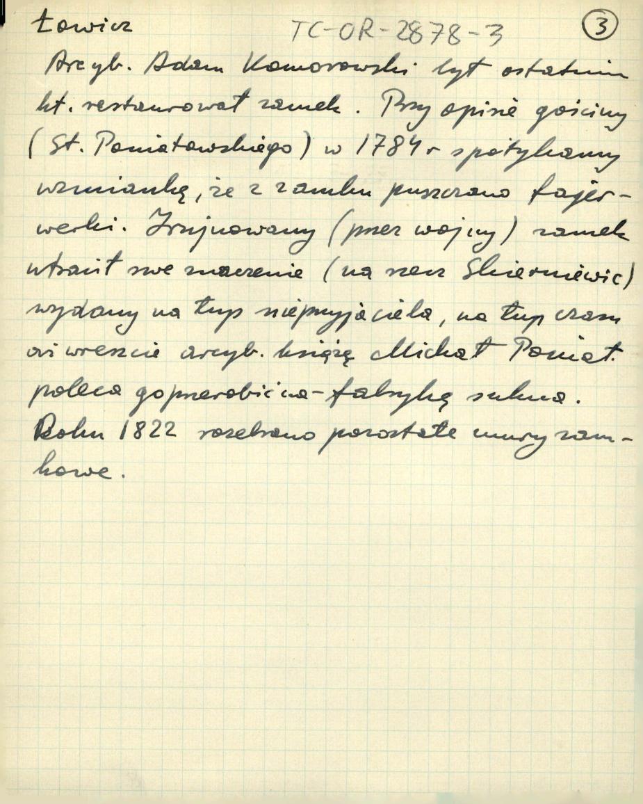 wypis z Raczyńska M., Zamek w Łowiczu w: „Ziemia” nr 19-21 (1914), dotyczący przynależności w tej miejscowości oraz zamku wzniesionego przez arcybiskupa Jarosława Bogoryna Skotnickiego w 1355 r.; ponadto informacje dotyczący ogrodu , skan 3