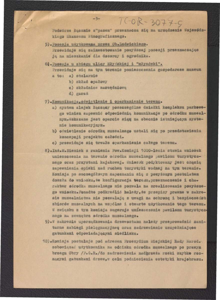 protokół z posiedzenia komisji programowej do ogólnych wytycznych zagospodarowania przestrzennego terenu parkowego przynależnego do Muzeum Regionalnego w tej miejscowości z 12 marca 1959 r.; cztery karty , skan 3