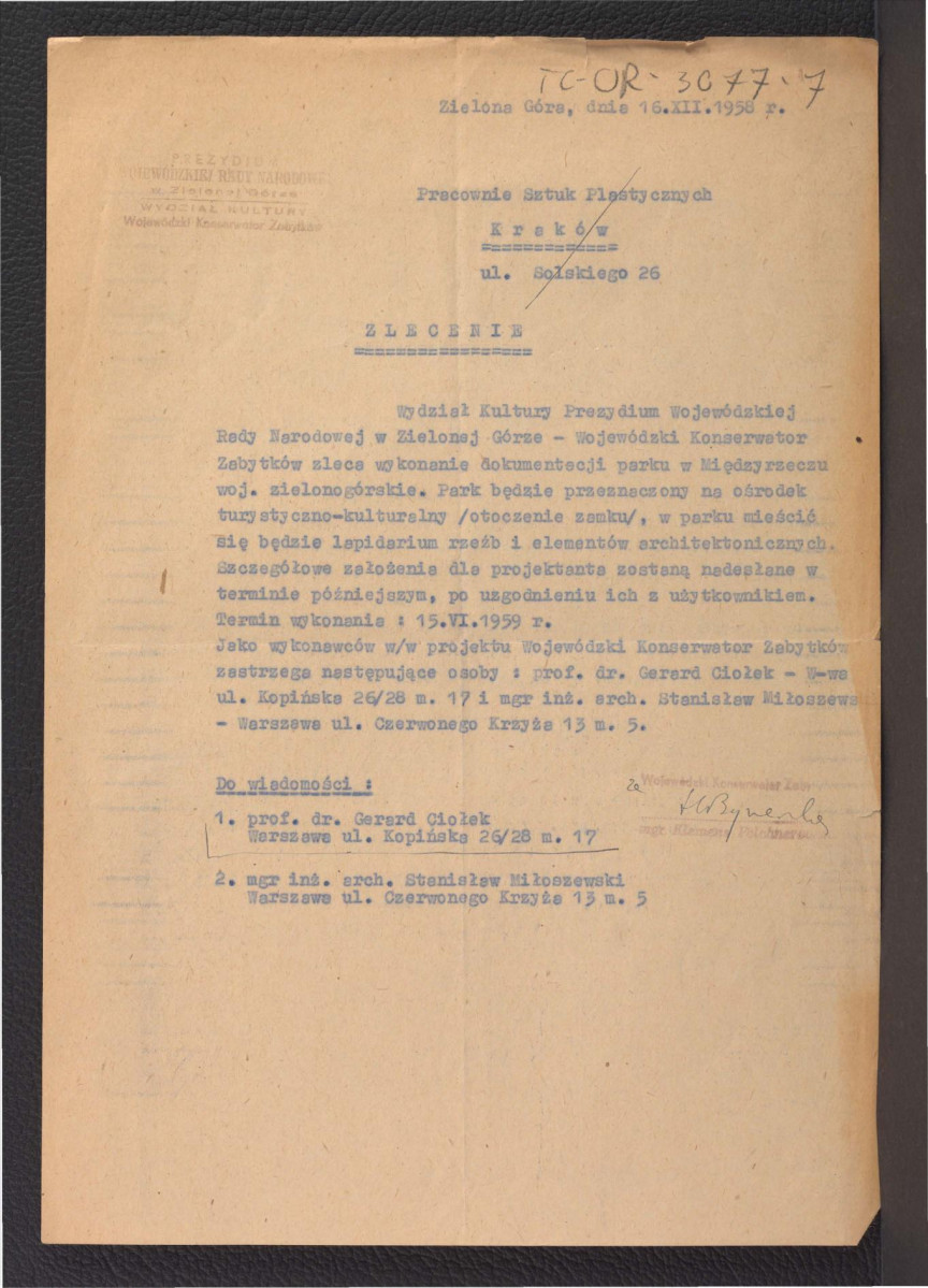zlecenie z 16 grudnia 1958 r. na wykonanie dokumentacji parku w tej miejscowości , skan 1