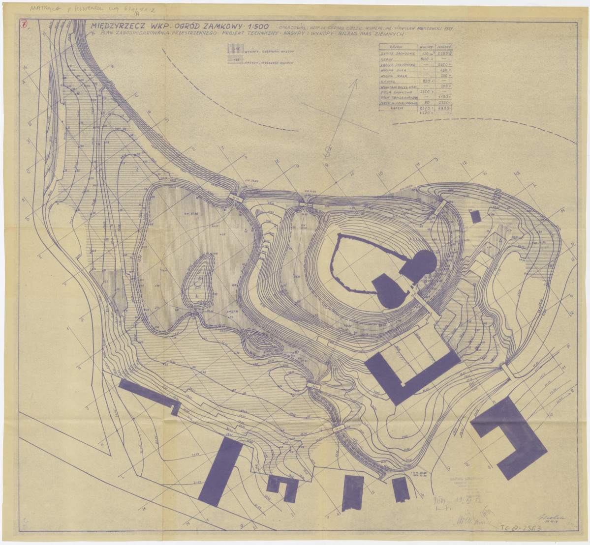 projekt techniczny (1 : 1500): nasypy i wykopy – bilans map ziemnych wykonany przez Gerarda Ciołka we współpracy ze Stanisławem Miłoszewskim w roku 1959, skan 1
