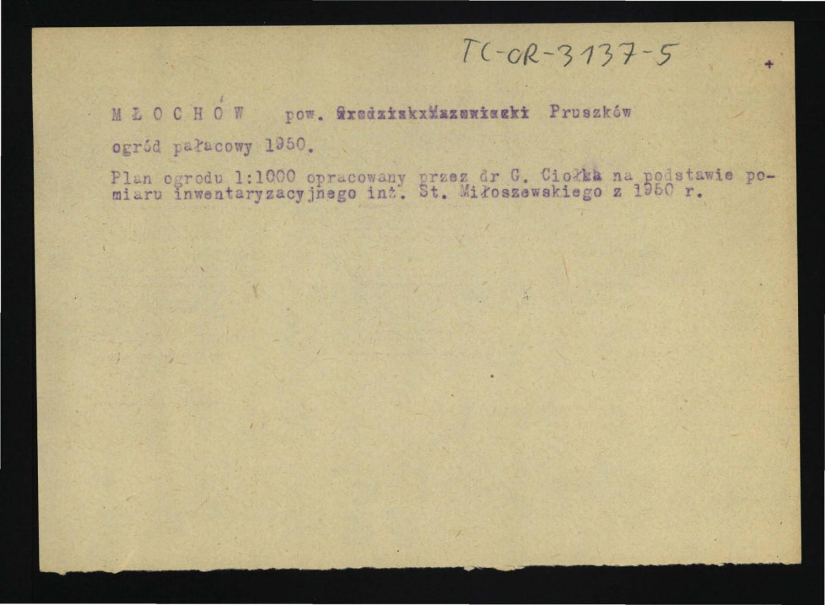 opis planu ogrodu (1 : 1000) opracawoanego przez G. Ciołka na podstawie pomiaru inwentaryzacyjnego Stanisława Miłoszewskiego w roku 1950, skan 1