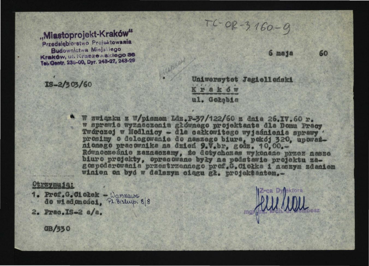 prośba z 6 maja 1960 r. o delegowanie pracownika w celu uczestniczenia w wyznaczeniu głównego projektu dla Domu Pracy Twórczej w tej miejscowości , skan 1