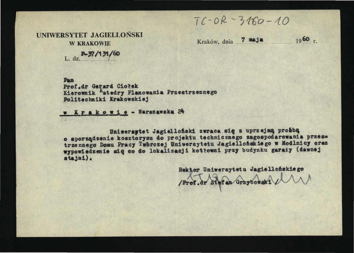 prośba z 7 maja 1960 r. o sporządzenie kosztorysu do projektu technicznego zagospodarowania przestrzennego Domu Pracy Twórczej Uniwersytetu Jagiellońskiego w tej miejscowości , skan 1