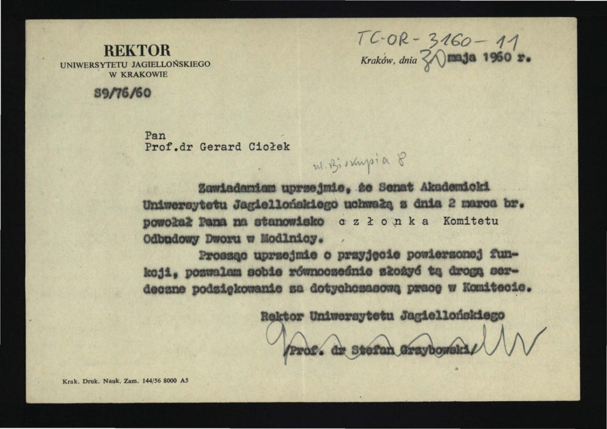 zawiadomienie z 30 maja 1960 r. o powołaniu na stanowisko członka Komitetu Odbudowy Dworu w tej miejscowości , skan 1