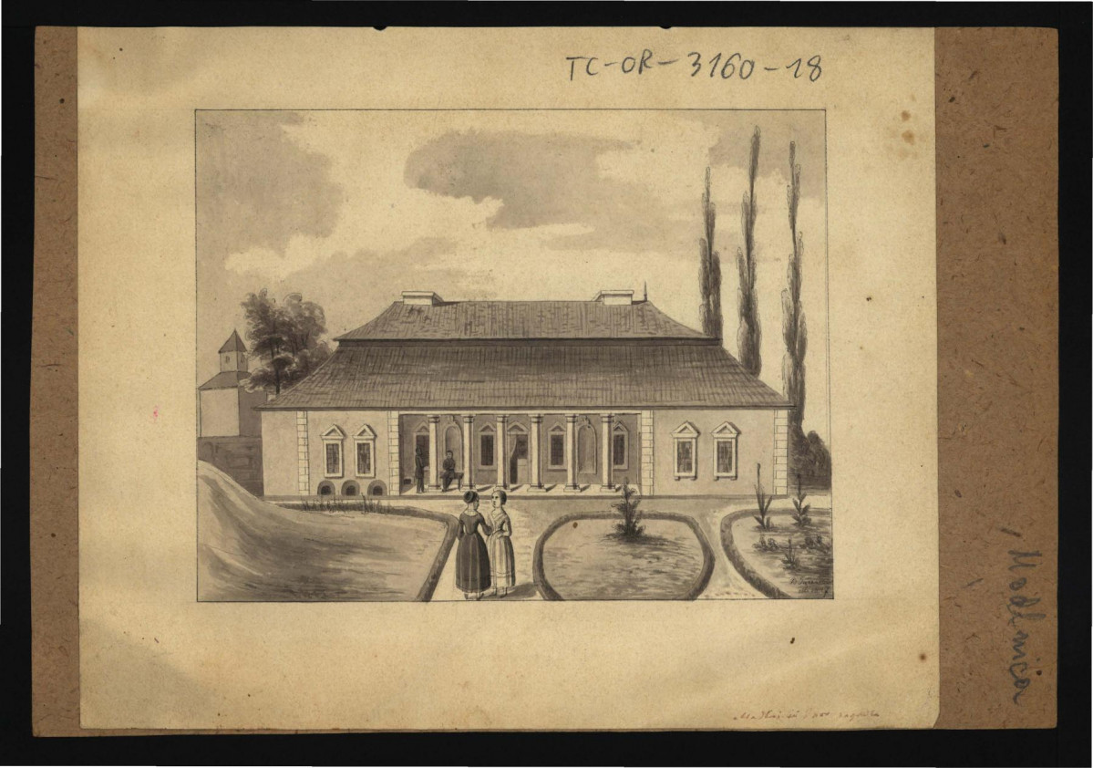 cztery reprodukcje akwareli B. Gąsiorowskiego z 1847 r. przedstawiające miejscowy dwór, drewniany kościół oraz fragment wioski – ze zbiorów Archiwum Familii Konopków , skan 1