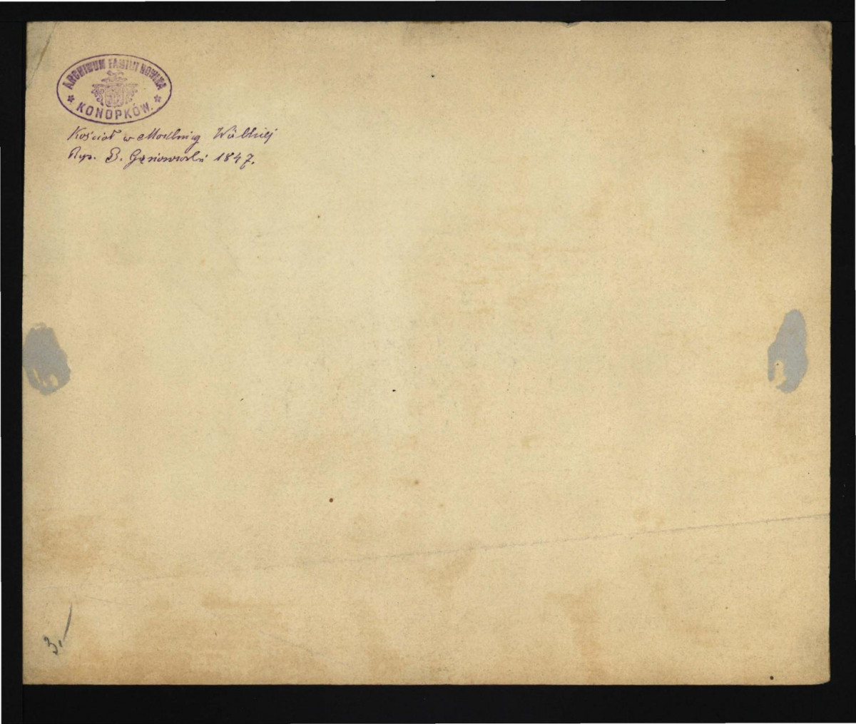 cztery reprodukcje akwareli B. Gąsiorowskiego z 1847 r. przedstawiające miejscowy dwór, drewniany kościół oraz fragment wioski – ze zbiorów Archiwum Familii Konopków , skan 3