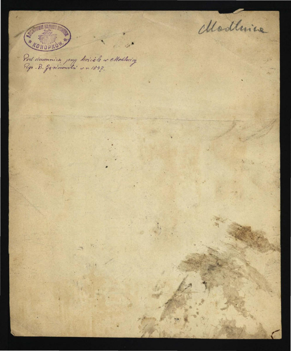cztery reprodukcje akwareli B. Gąsiorowskiego z 1847 r. przedstawiające miejscowy dwór, drewniany kościół oraz fragment wioski – ze zbiorów Archiwum Familii Konopków , skan 6