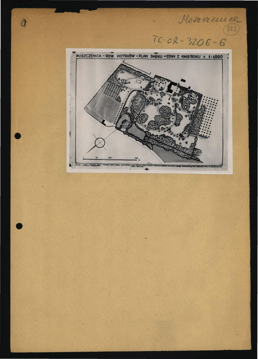fotografia czarno-biała przedstawiająca plan ogrodu (1 : 1000) wykonany przez Stanisława Miłoszewskiego na podstawie pomiarów z lipca 1949 r.                          , skan 1