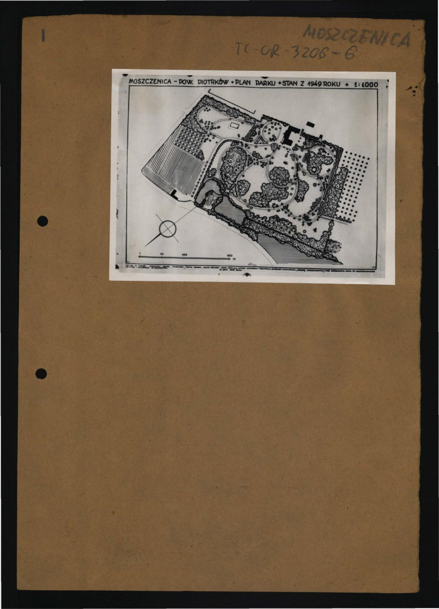 fotografia czarno-biała przedstawiająca plan ogrodu (1 : 1000) wykonany przez Stanisława Miłoszewskiego na podstawie pomiarów z lipca 1949 r.                          , skan 2
