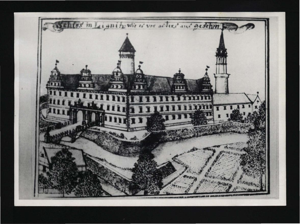 2 fotografie czarno-białe reprodukcji ryciny pochodzącej z Wernher F.B., Topografia Śląska, 1744-1768 ukazującą zabudowę zamku z lotu ptaka   , skan 3