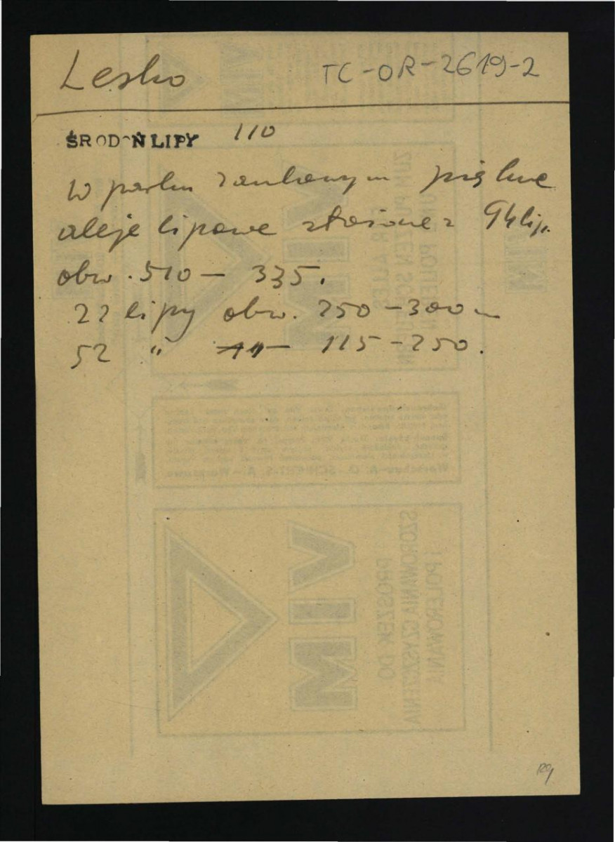 wypis z Środoń A., Inwentarz zabytkowych lip w Polsce w: „Ochrona Przyrody” (1935), s. 110 dotyczący zamkowego parku wraz z lipowymi alejami , skan 1