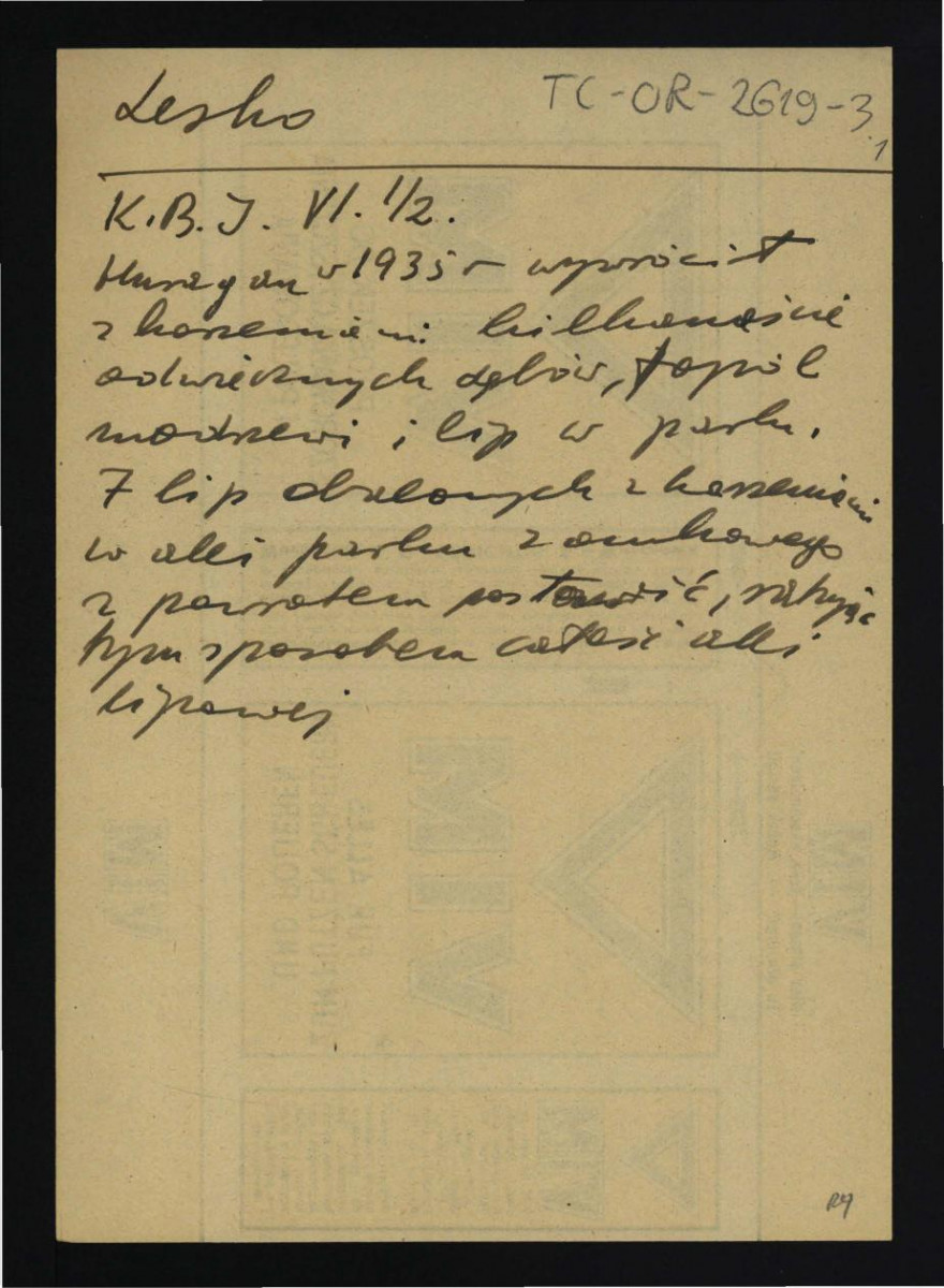 wypis z KBJ VI ½ dotyczący zniszczeń w parku spowodowanych huraganem w roku 1935 , skan 1