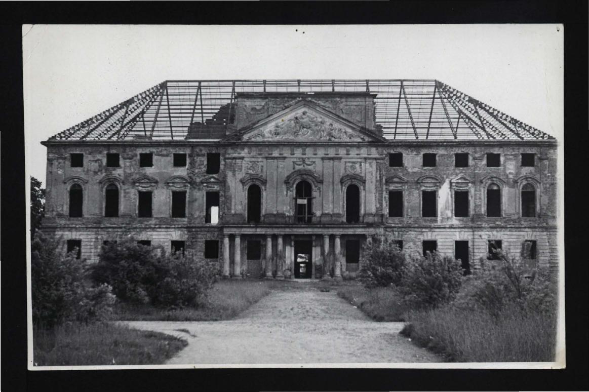 fotografia czarno-biała przedstawiająca zniszczoną oranżerie pałacową  , skan 1