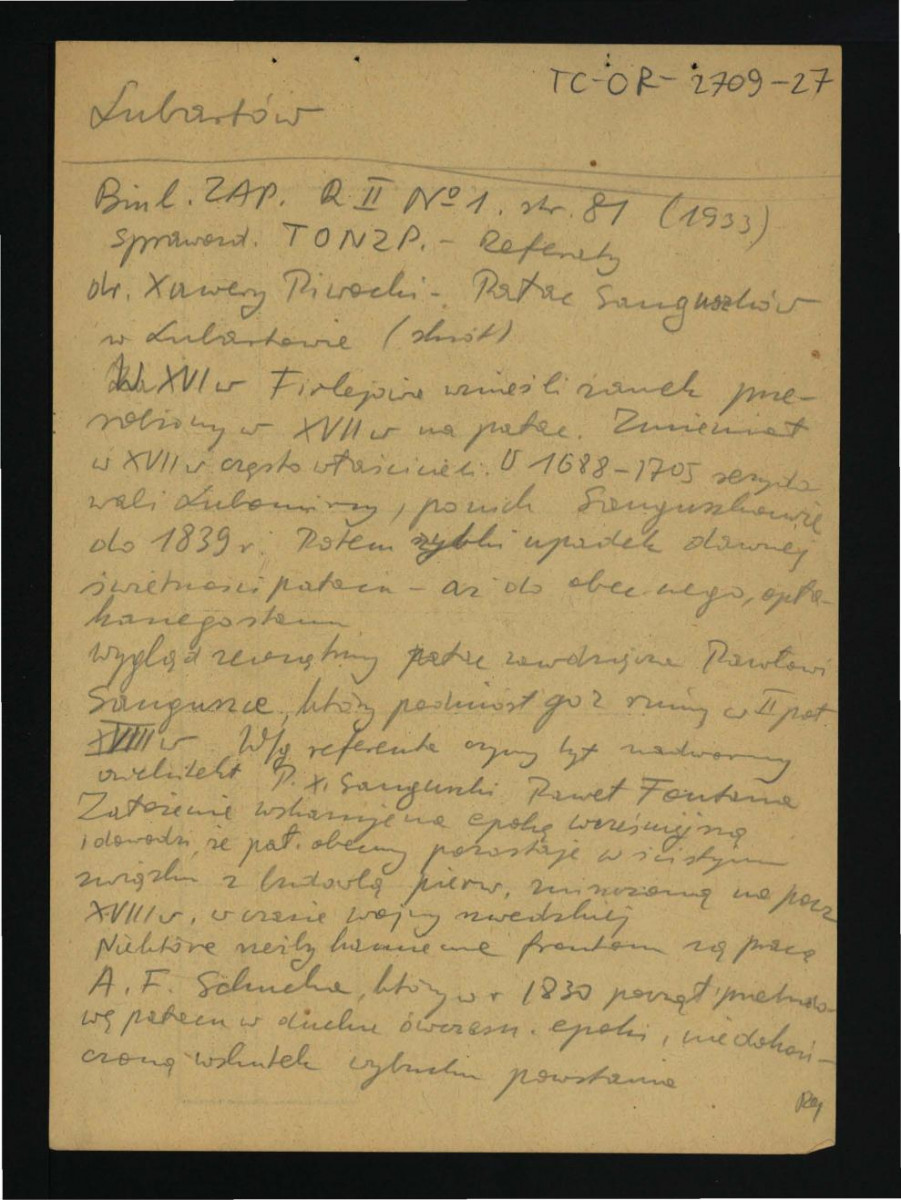 wypis z biuletynu Zakładu Architektury Polskiej R. II, nr 1, s. 81 (1933) zawierający notatki o treści referatów dotyczący dziejów miejscowej posesji, skan 1