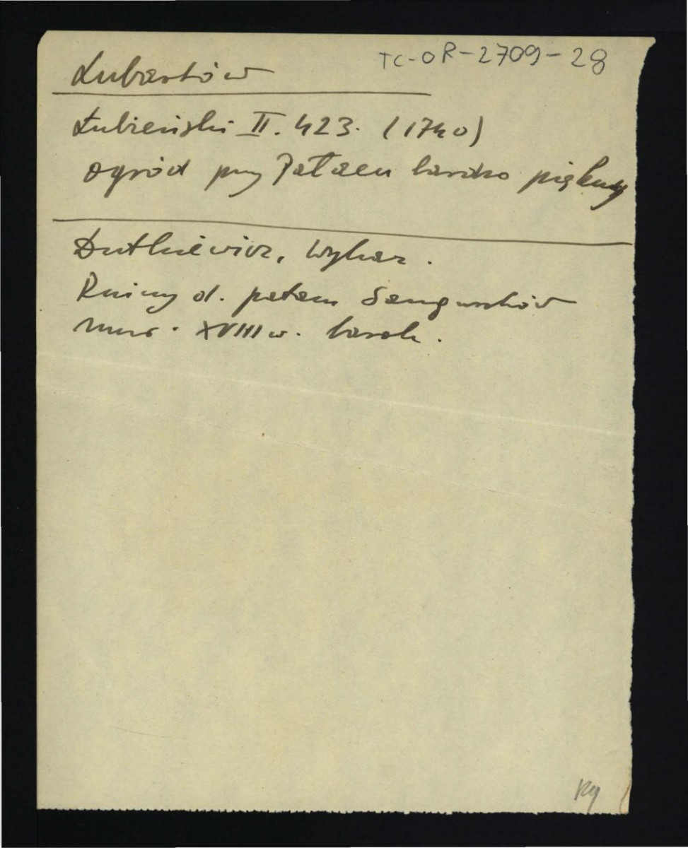 wypis z Łubieński W., Świat we wszystkich swoich częściach większych y mniejszych…, Wrocław 1740, s. 423 wzmiankujący ogród przy pałacu; Dutkiewicz J., Wykaz zabytków architektury województwa lubelskiego, 1947 wzmiankujący stan pałacu , skan 1