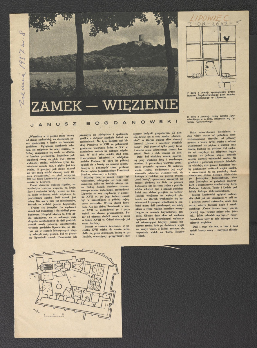 karta z „Ziemia” nr 8 (1957) zawierająca artykuł Janusza Bogdanowskiego pt. „Zamek-Więzienie” dotyczący dziejów miejscowości , skan 1