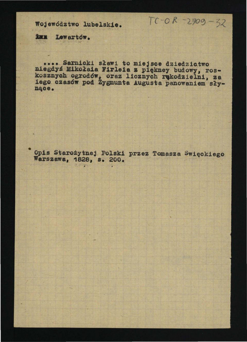 wypis z Święcki T., Opis Starożytnej Polski, Warszawa 1928., s. 200 dotyczący opinii Sarnickiego dotyczący w tej posesji , skan 1