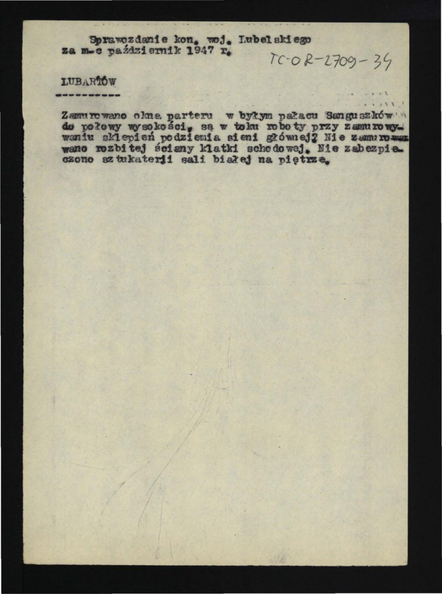 wypis ze Sprawozdania Wojewódzkiego Konserwatora Zabytków w Lublinie za październik 1947 r. dotyczący prac murarskich w podziemiach pałacu; dwie karty , skan 1