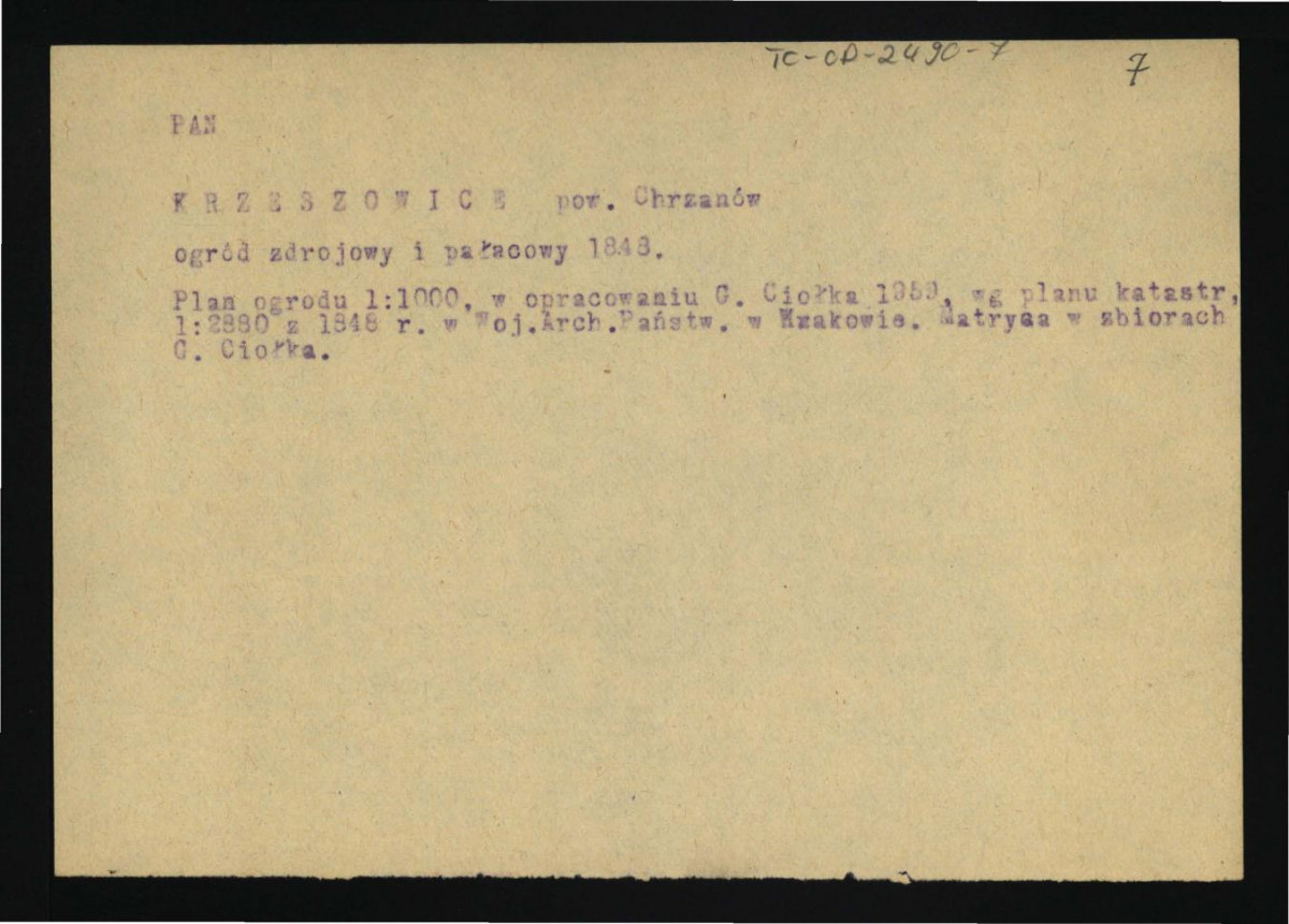 opis niezachowanego planu ogrodu (1 : 1000) opracowany przez Gerarda Ciołka w roku 1959 r. na podstawie planu katastralnego z 1848 r. ze zbiorów Wojewódzkiego Archiwum Państwowego w Krakowie; dwie karty , skan 1