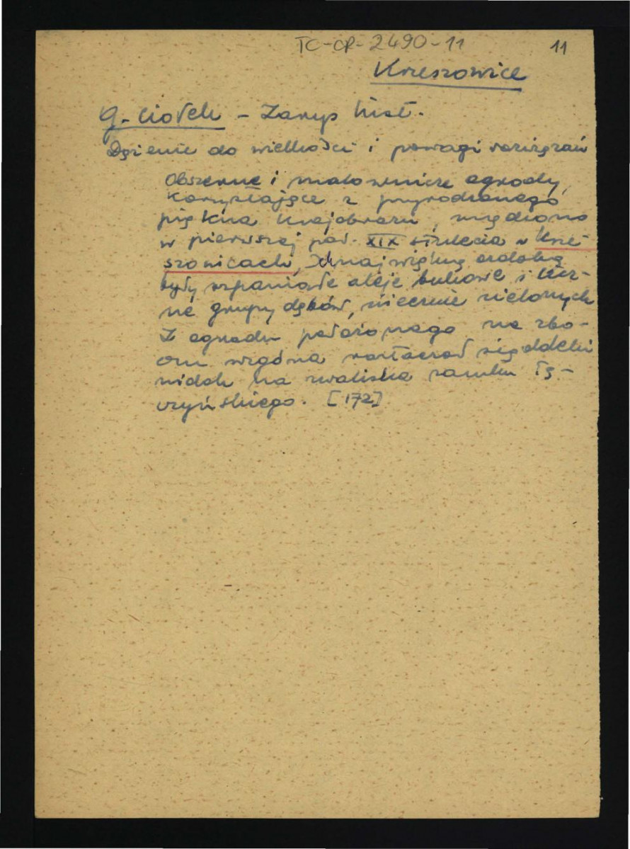 wypis z Ciołek G., Zarys historii kompozycji ogrodowej w Polsce. Materiały do projektowania. No. 4. Łódź-Warszawa 1955 dotyczący zespołu pałacowo-ogrodowego w tej miejscowości   , skan 1
