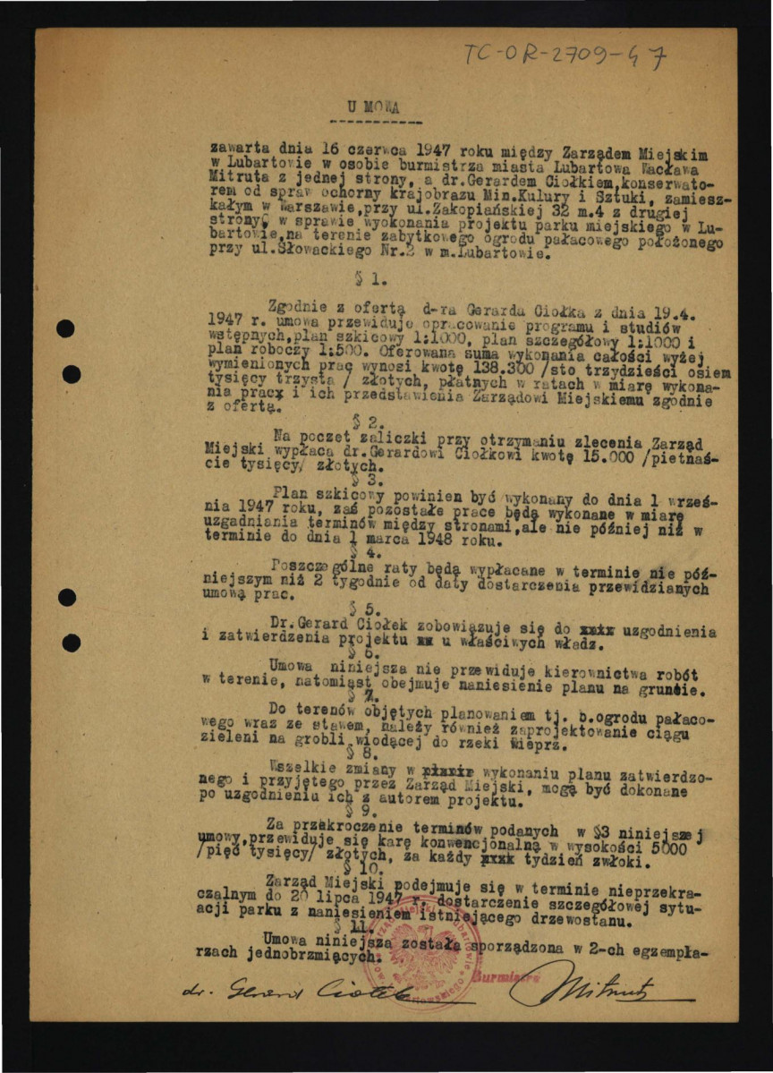 umowa z 16 czerwca 1947 r. między zarządem miejskim Lubartowa, a G. Ciołkiem w sprawie wykonania projektu parku miejskiego , skan 1