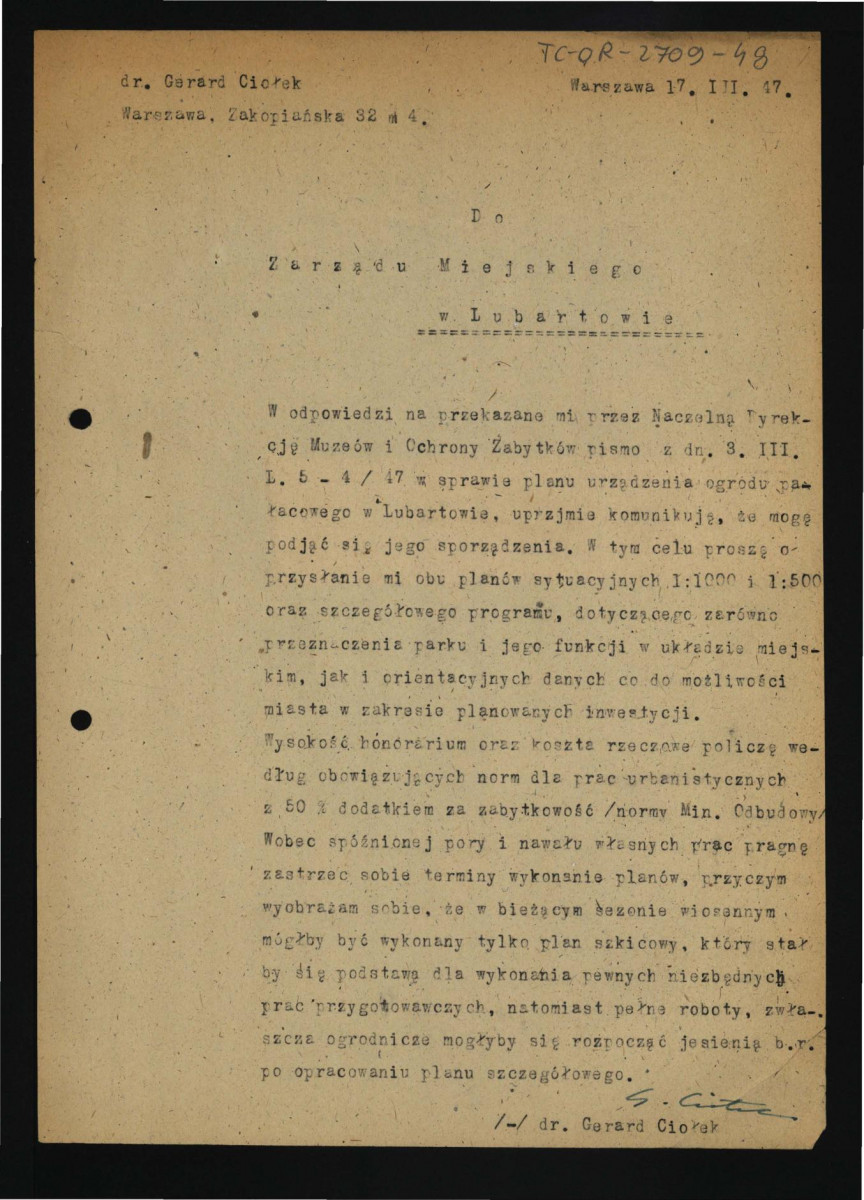 odpowiedź G. Ciołka do zarządu miejskiego Lubartowa z 17 marca 1947 r. dotyczący planu urządzenia ogrodu pałacowego w tej miejscowości , skan 1
