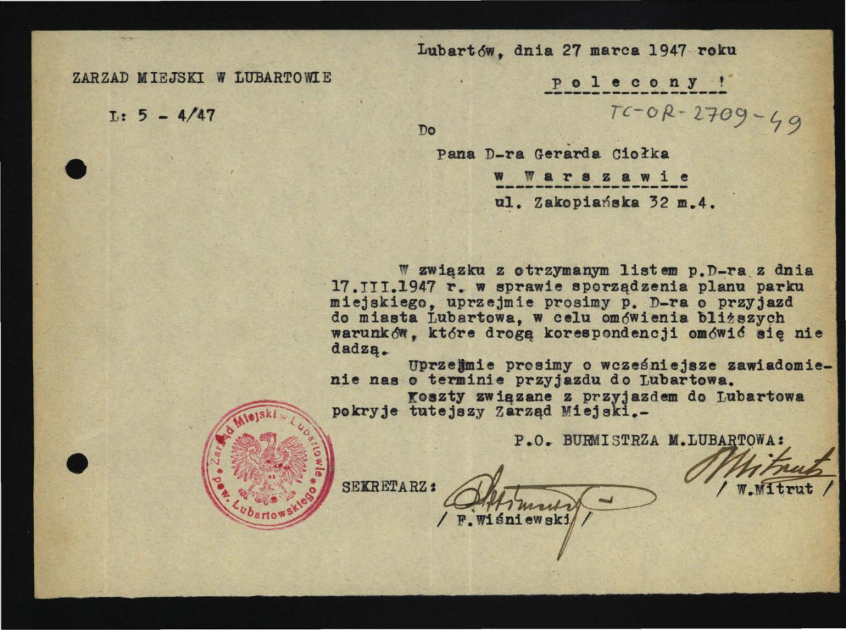 prośba do G. Ciołka o przyjazd do w tej miejscowości w dniu 27 marca 1947 r. ze strony zarządu miejskiego w Lubartowie , skan 1
