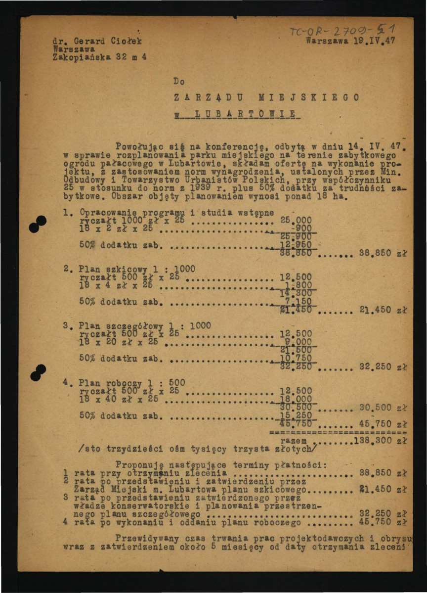 oferta wykonania projektu rozplanowania parku miejskiego na terenie zabytkowego ogrodu pałacowego w tej miejscowości złożona przez G. Ciołka 19 kwietnia 1947 r. - 2 strony, skan 1