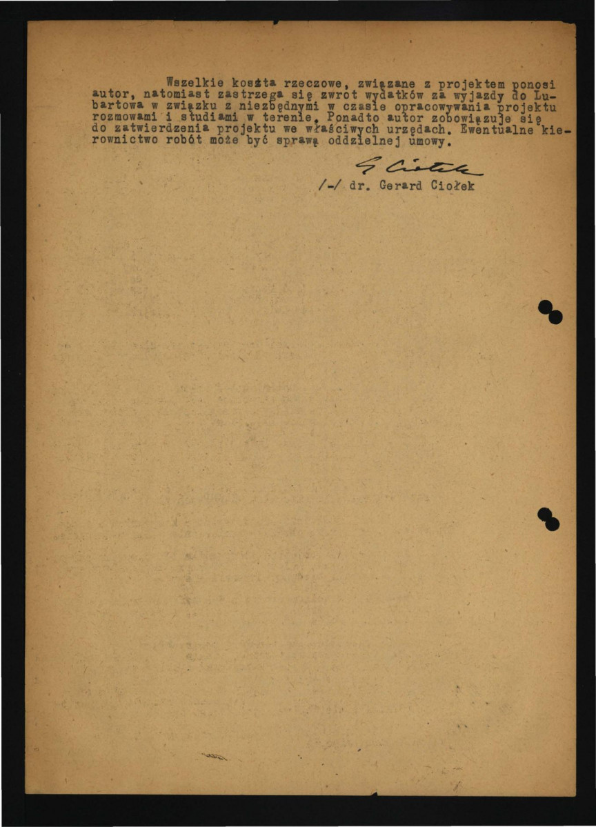 oferta wykonania projektu rozplanowania parku miejskiego na terenie zabytkowego ogrodu pałacowego w tej miejscowości złożona przez G. Ciołka 19 kwietnia 1947 r. - 2 strony, skan 2