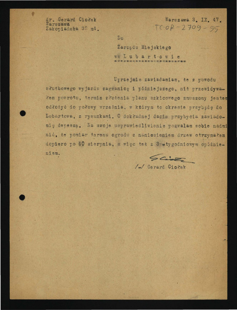 zawiadomienie o opóźnieniach w dostarczaniu planu szkicowego parku ze względu na wyjazd zagraniczny; z dnia 3 września 1947 r. , skan 1