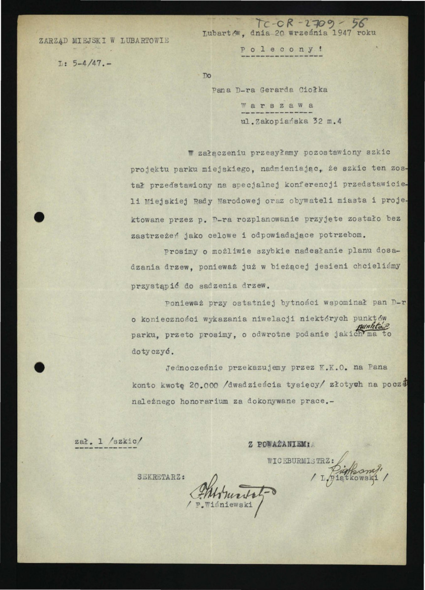 zawiadomienie o przesłaniu w załączeniu szkicu projektu parku miejskiego wraz z prośbą o szybkie nadesłanie planu dosadzenia drzew; z dnia 20 września 1947 r.  , skan 1