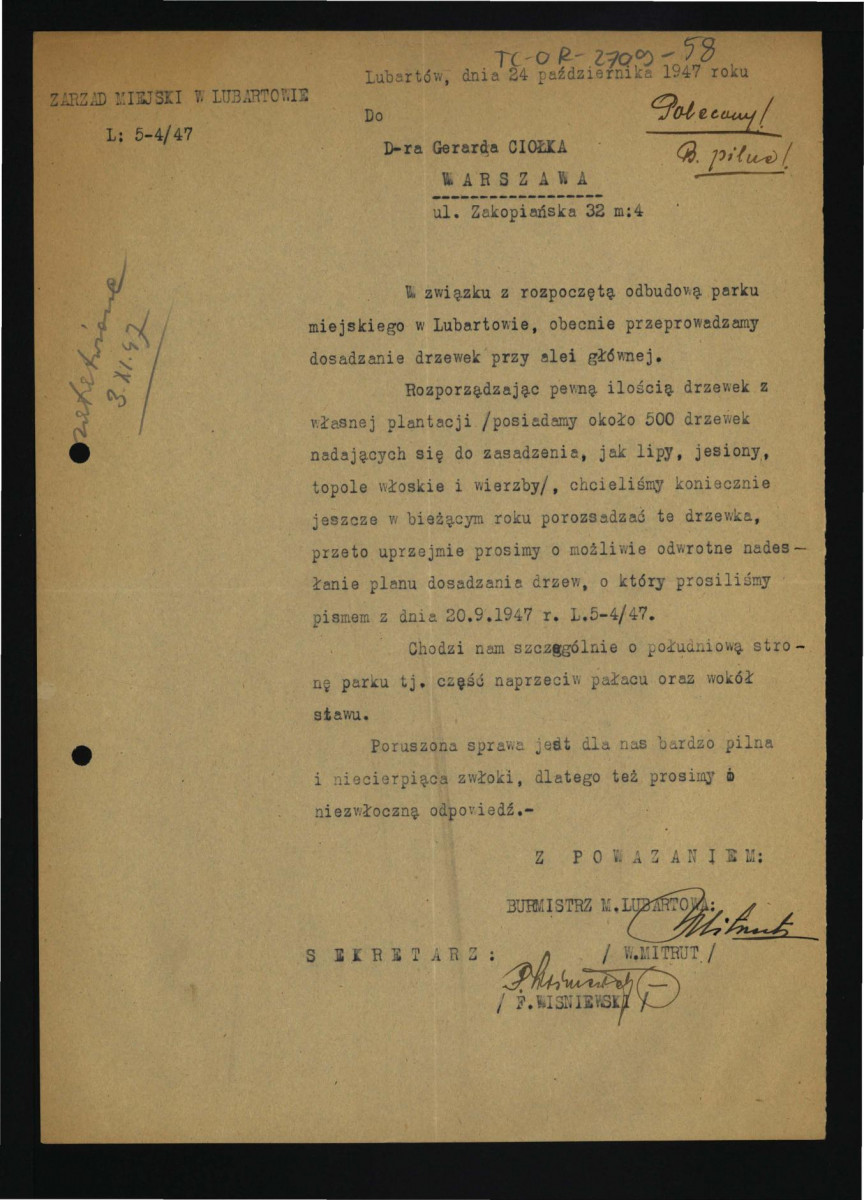 prośba ze strony zarządu miejskiego w Lubartowie do G. Ciołka z 24 października 1947 r. o przesłanie planu dosadzania drzew , skan 1