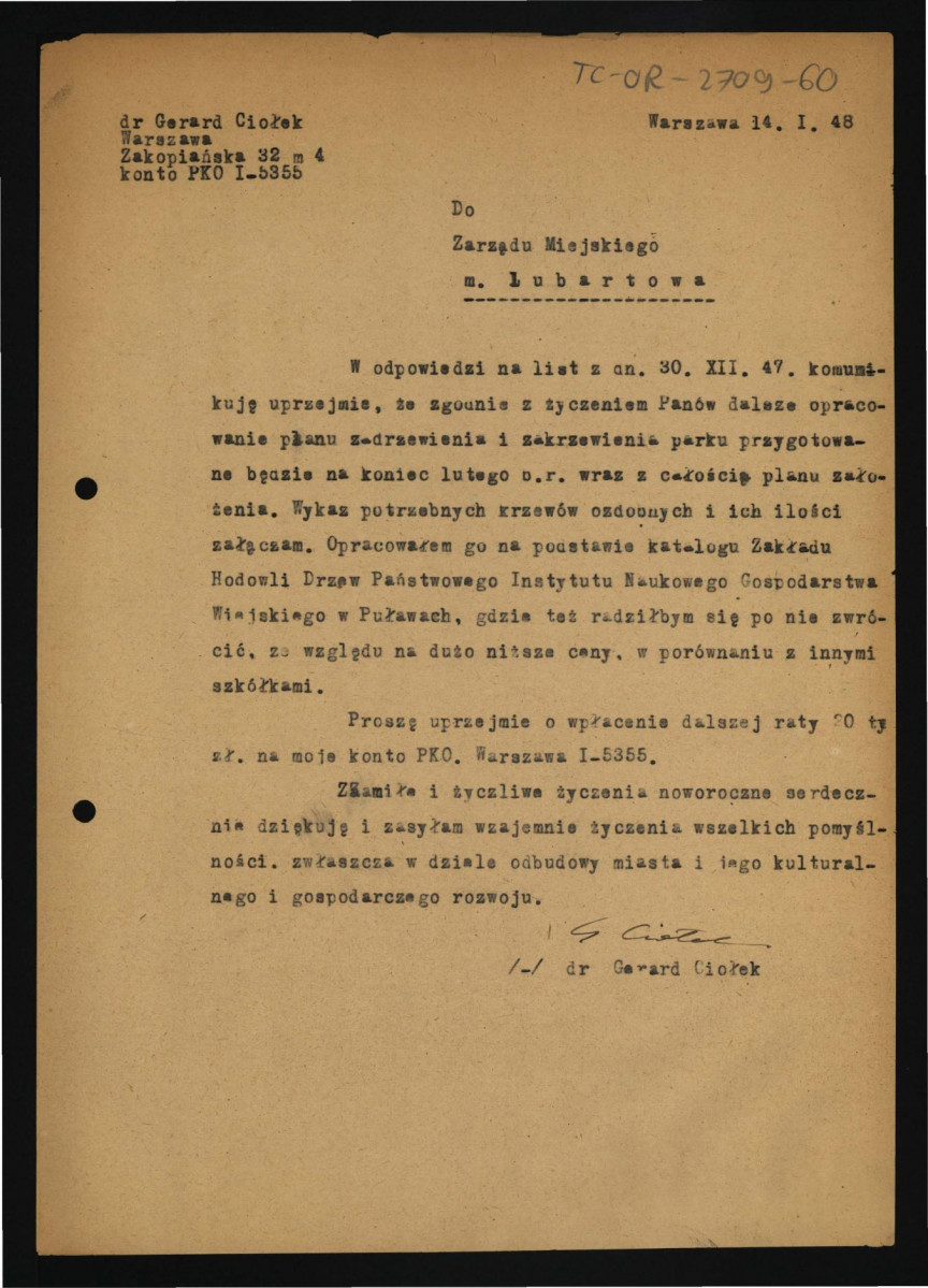 prośba ze strony G. Ciołka z 14 stycznia 1948 r. do zarządu miejskiego w Lubartowie o przesłanie raty wynagrodzenia za wykonane zlecenie , skan 1