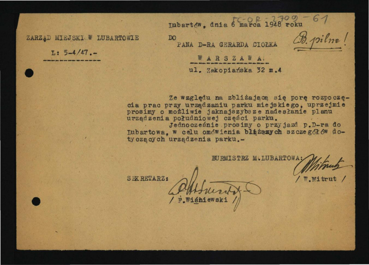 prośba o nadesłanie planu urządzenia południowej części parku z 6 marca 1948 r. oraz przyjazd skierowana przez zarząd miasta Lubartowa do G. Ciołka , skan 1