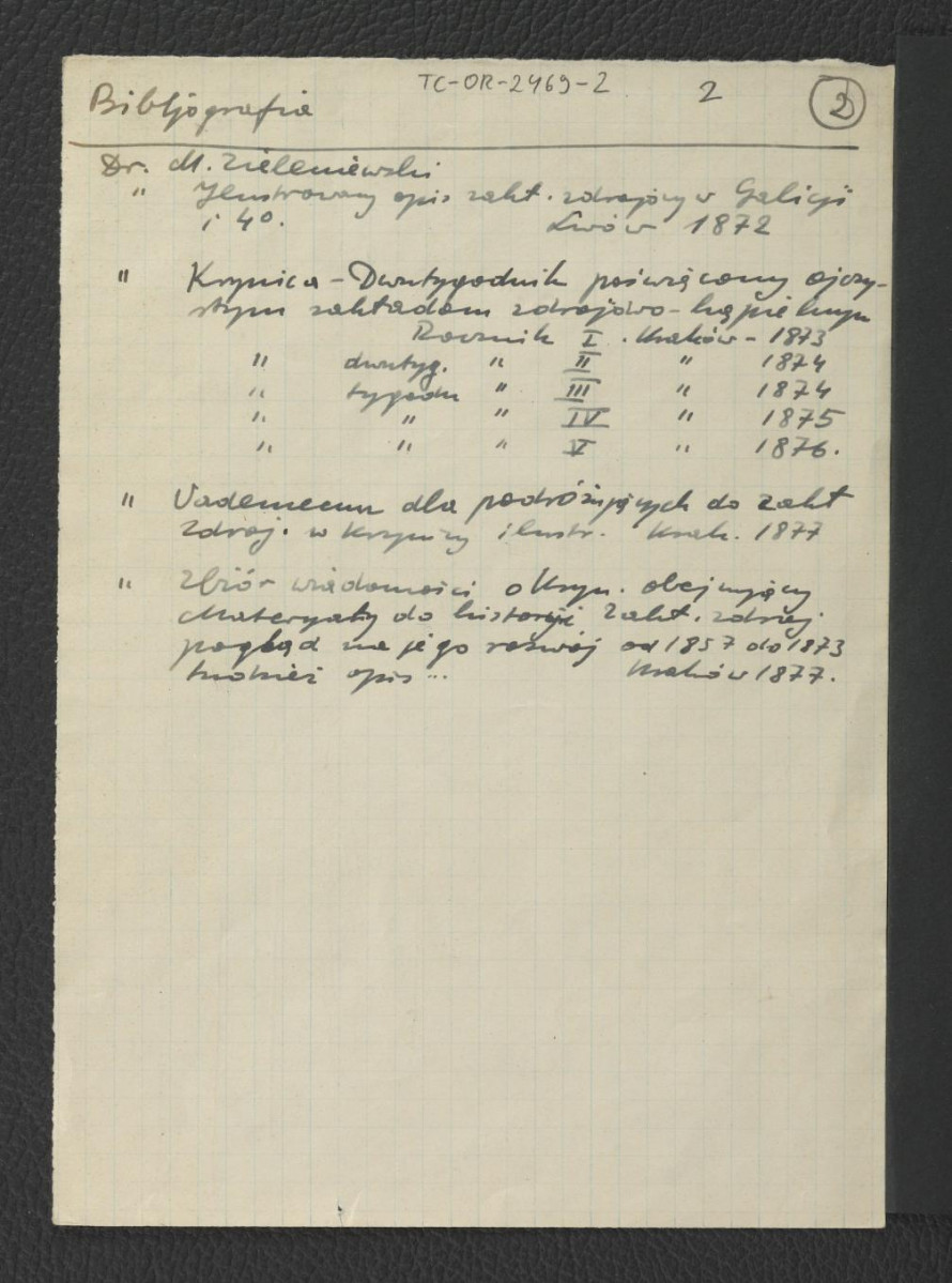 wypis z Zieleniewski M., Krynica w Karpatach galicyjskich… opisana pod historycznym, topograficznym, botanicznym i lekarskim, Kraków 1857 zawierający odsyłacze bibliograficzne związane z w tej miejscowości; dwie karty , skan 2