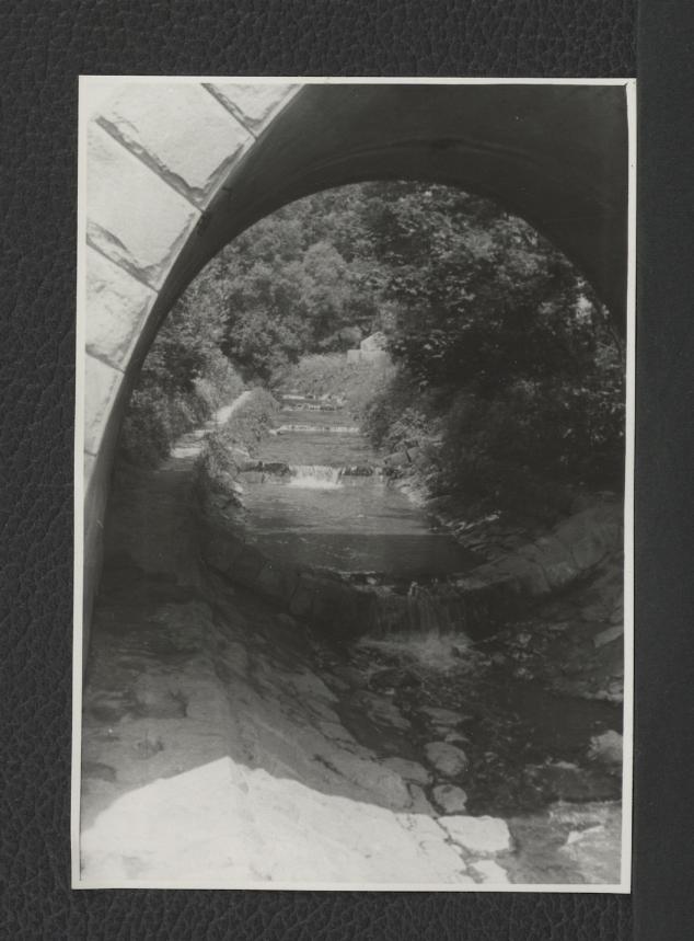 fotografia czarno-biała przedstawiająca  strumień Kryniczanki oraz fragment mostu, skan 1