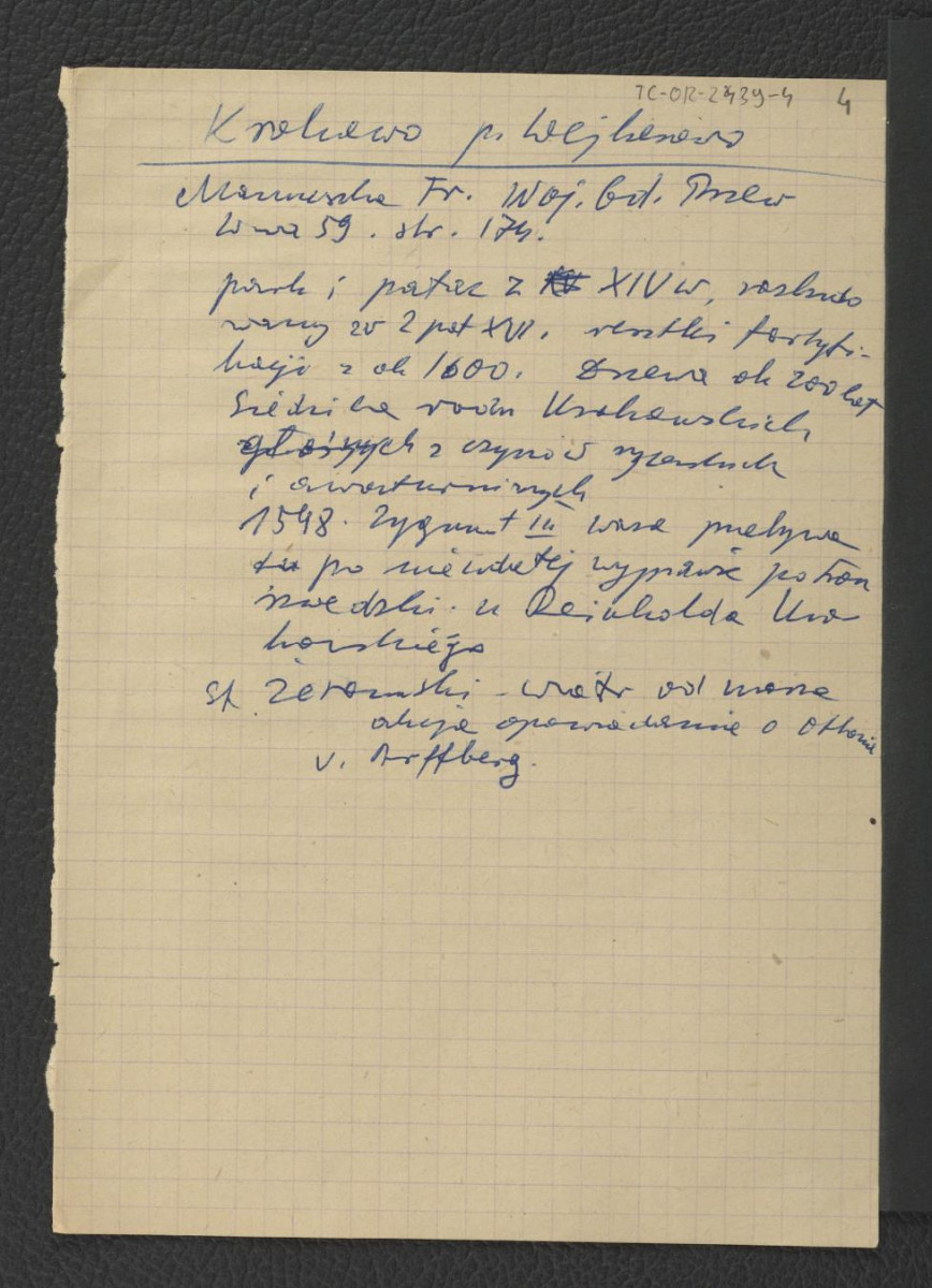 wypis z Mamuszka F., Wycieczki i wczasy jednodniowe z Gdańska, Warszawa 1951, s. 174 dotyczący parku i pałacu z XIV w. rozbudowanego w drugiej połowy XVI w. , skan 1