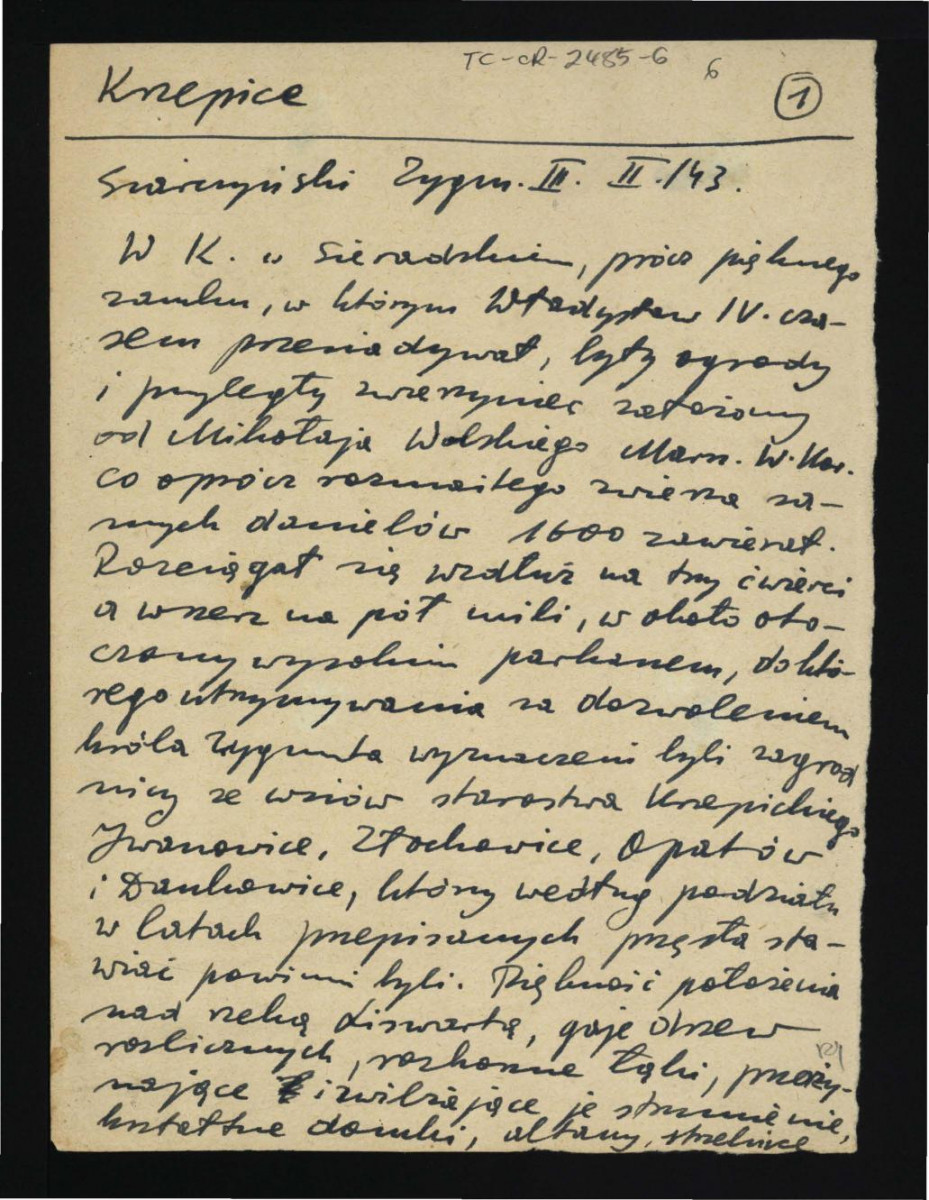 wypis z Siarczyński F., Obraz wieku panowania Zygmunta III, króla polskiego i szwedzkiego, t. II, Lwów 1828, s. 143 dotyczący miejscowej posesji oraz tutejszego drzewostanu; dwie karty, skan 1