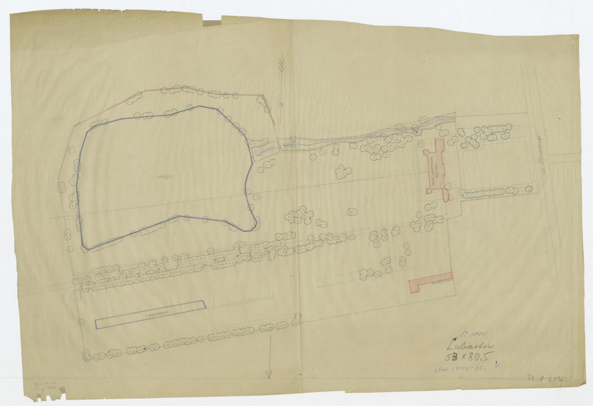 plan sytuacyjny zieleni i dróg przed przystąpieniem do rekonstrukcji z lat 1946 - 1948, skala 1:1000, skan 1