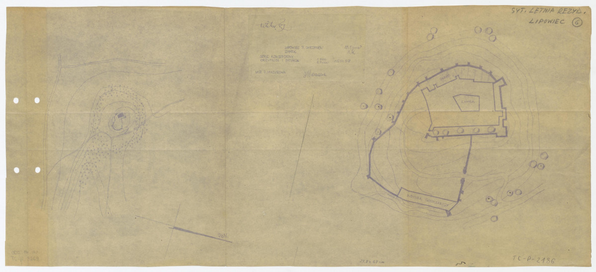 szkic koncepcyjny i plan sytuacyjny zamku, skala 1:500 i 1:5000, skan 1