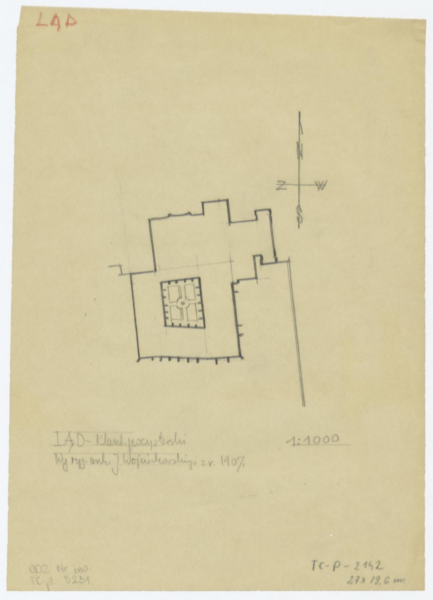 plan sytuacyjny klasztoru i kościoła /według rysunku architekta J. Wojciechowskiego z roku 1907/, skala 1:1000, skan 1
