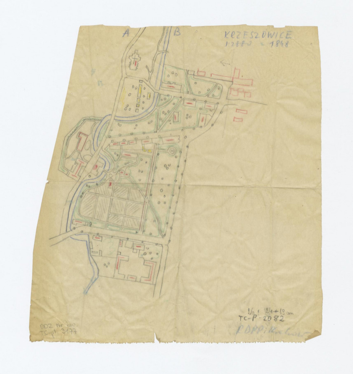 rozmieszczenie budynków i ulic w Krzeszowicach w 1848roku, 1:2880, skan 1