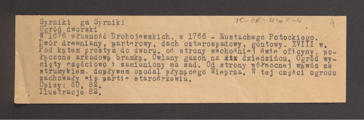 notatka dotycząca miejscowej posesji: przynależność, rodzaj dworu i wycięty ogród; dwie karty                             , skan 1
