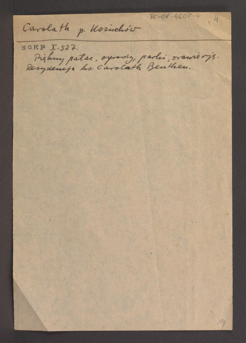 wypis z Słownik Geograficzny Królestwa Polskiego t. I, s. 527 wzmiankujący miejscowy pałac, ogrody, parki oraz oranżerię; informacja o przynależności posesji do księcia Cardath Benthem, skan 1