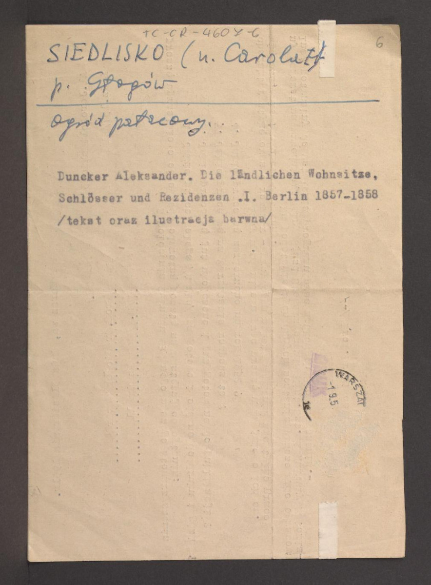 karta opisowa do fotografii reprodukcji ryciny zamieszczonej w Duncker A., Die Landlichen Wohnsitze, Schlosser und Residenzen …, t. I, Berlin 1858, skan 1