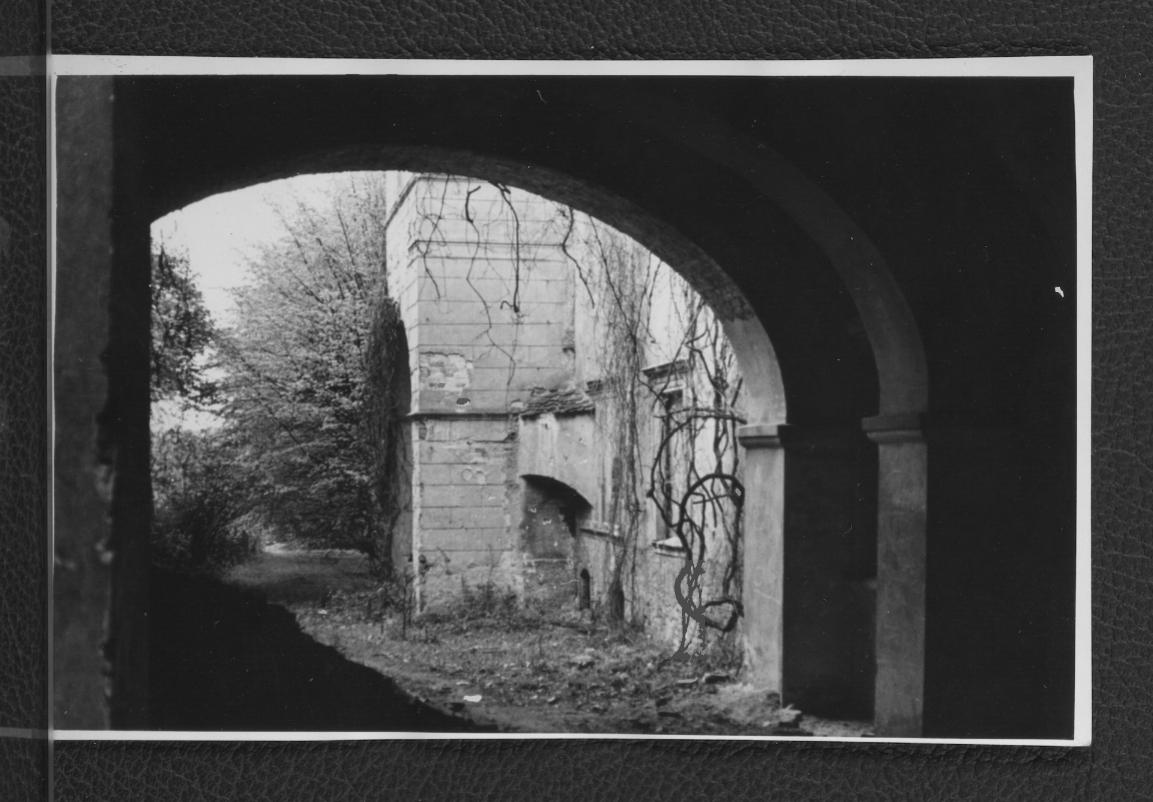 fotografia czarno-biała przedstawiająca przejście do ogrodu, skan 1